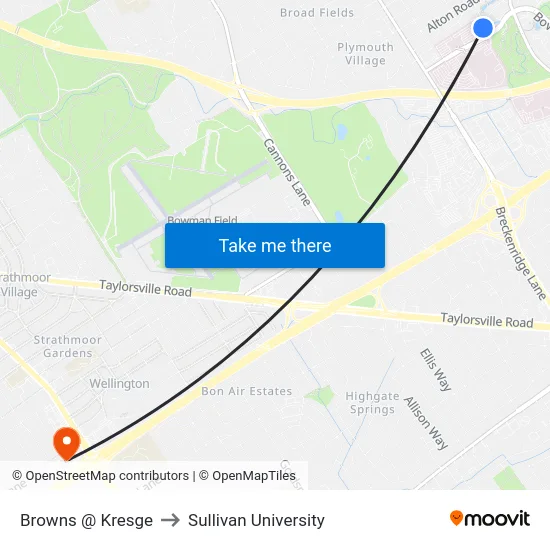 Browns @ Kresge to Sullivan University map