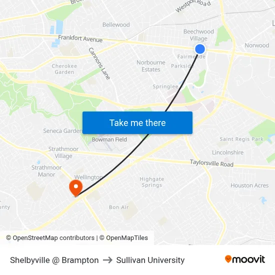Shelbyville @ Brampton to Sullivan University map
