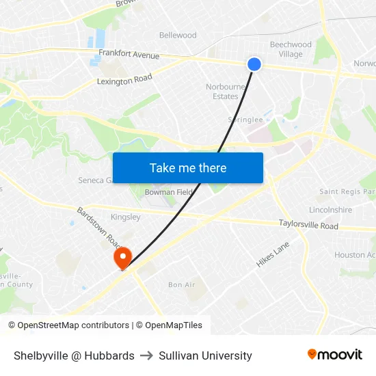 Shelbyville @ Hubbards to Sullivan University map