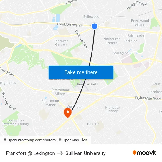 Frankfort @ Lexington to Sullivan University map