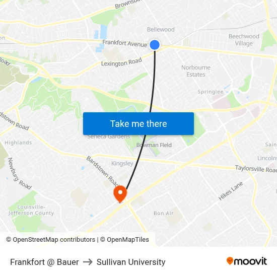 Frankfort @ Bauer to Sullivan University map