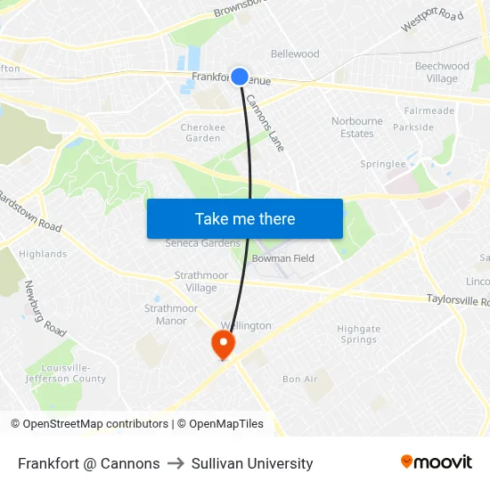 Frankfort @ Cannons to Sullivan University map