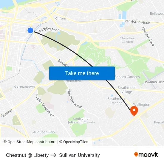Chestnut @ Liberty to Sullivan University map