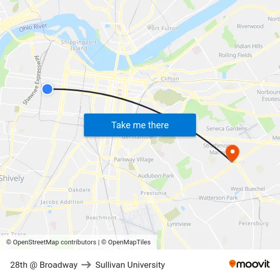 28th @ Broadway to Sullivan University map