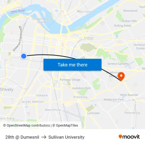 28th @ Dumesnil to Sullivan University map