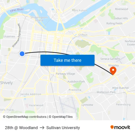 28th @ Woodland to Sullivan University map