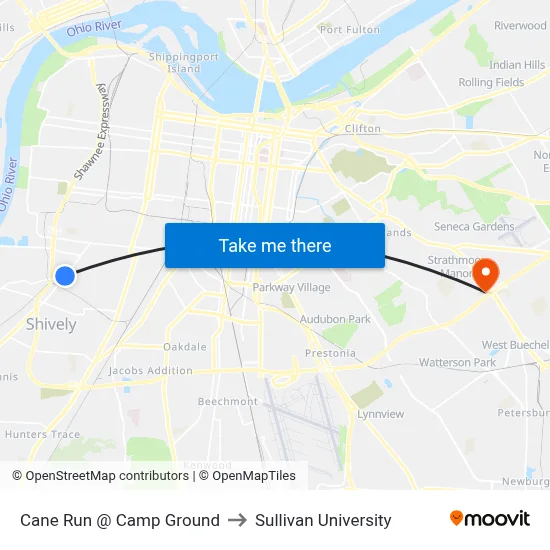 Cane Run @ Camp Ground to Sullivan University map