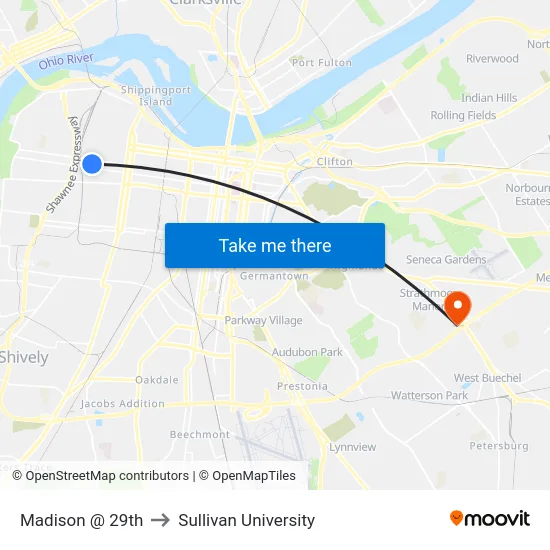 Madison @ 29th to Sullivan University map
