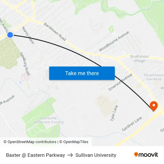 Baxter @ Eastern Parkway to Sullivan University map