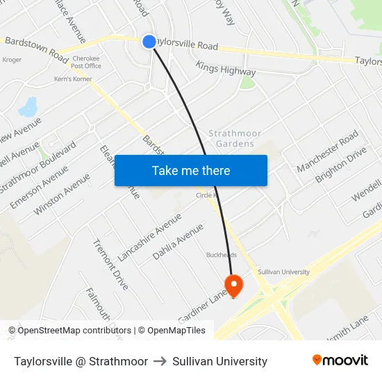 Taylorsville @ Strathmoor to Sullivan University map
