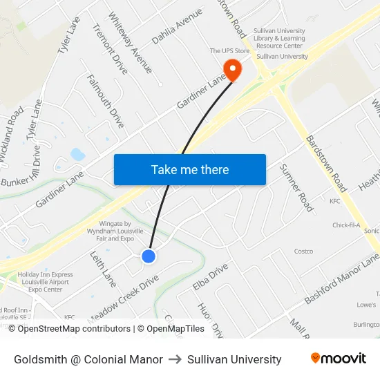Goldsmith @ Colonial Manor to Sullivan University map
