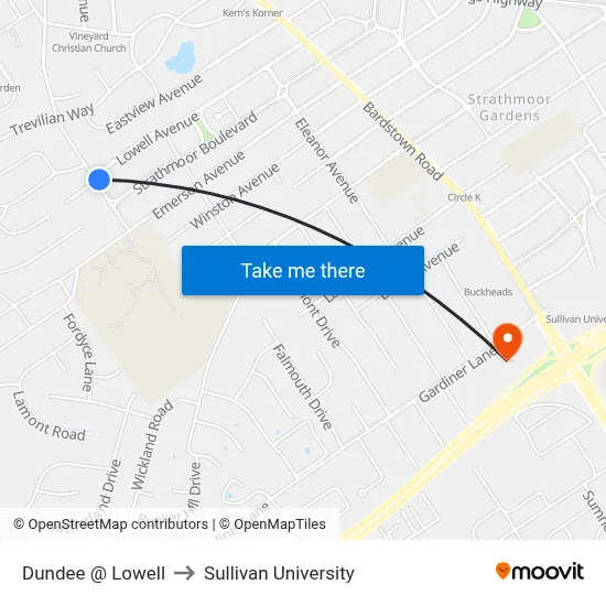 Dundee @ Lowell to Sullivan University map