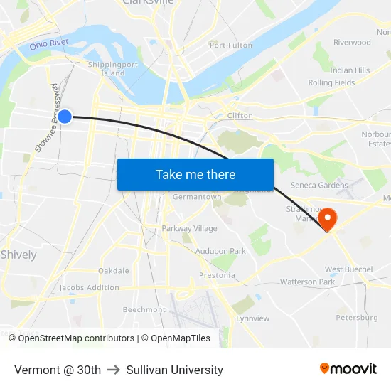 Vermont @ 30th to Sullivan University map