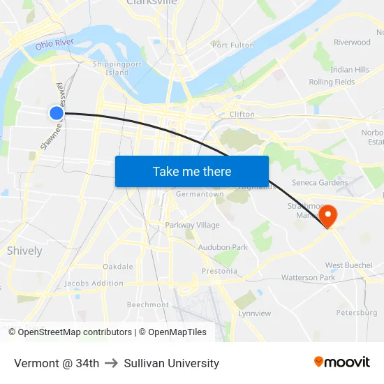 Vermont @ 34th to Sullivan University map