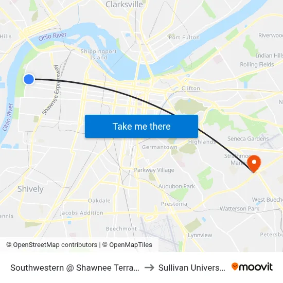 Southwestern @ Shawnee Terrace to Sullivan University map