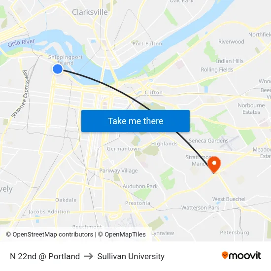 N 22nd @ Portland to Sullivan University map