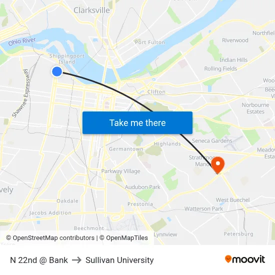 N 22nd @ Bank to Sullivan University map