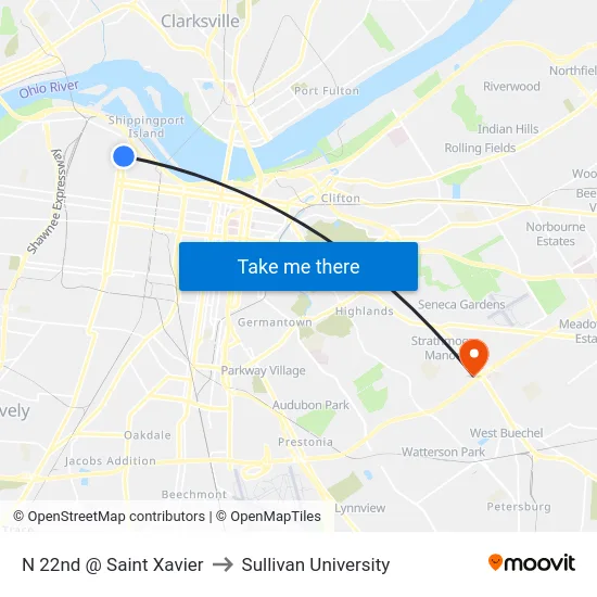 N 22nd @ Saint Xavier to Sullivan University map