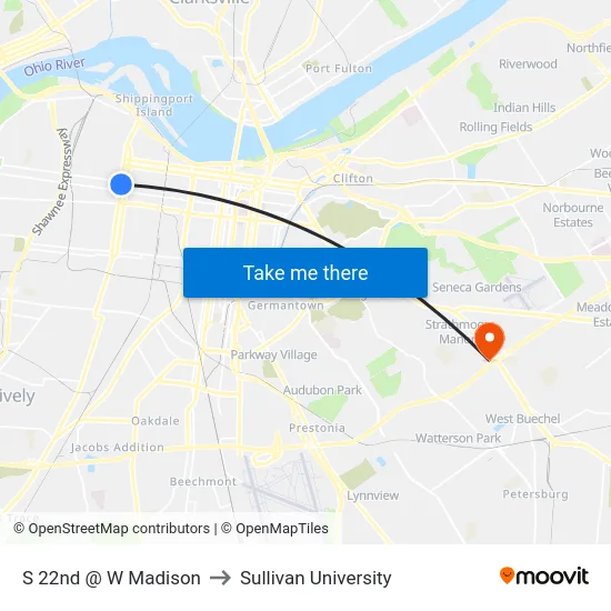 S 22nd @ W Madison to Sullivan University map