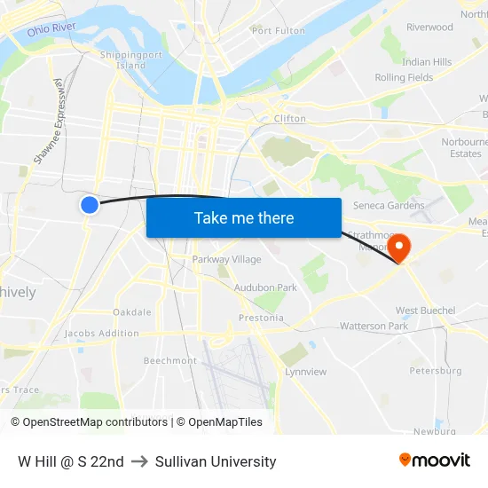 W Hill @ S 22nd to Sullivan University map
