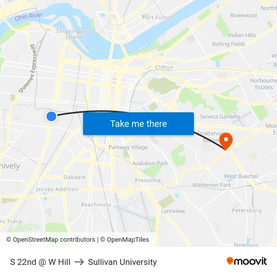 S 22nd @ W Hill to Sullivan University map