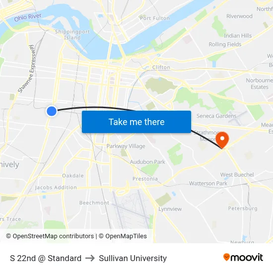 S 22nd @ Standard to Sullivan University map