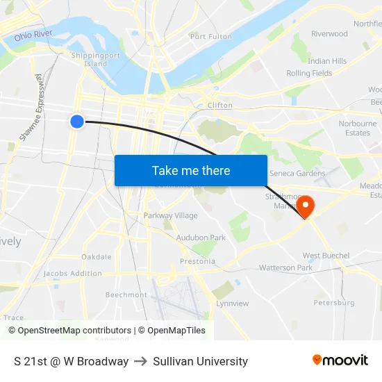 S 21st @ W Broadway to Sullivan University map