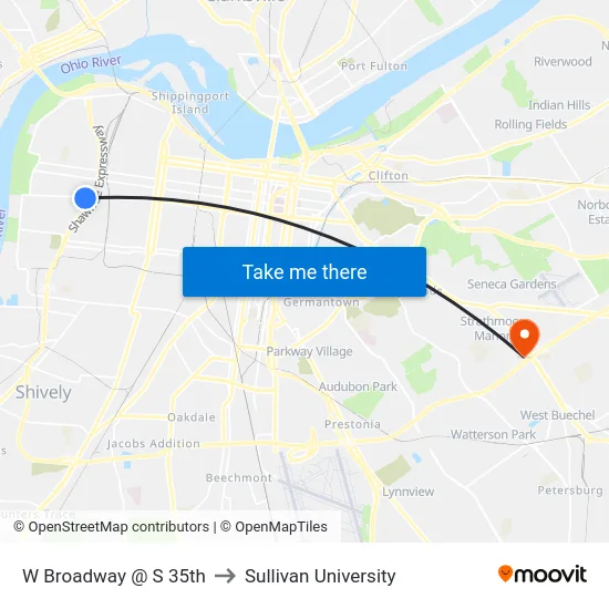W Broadway @ S 35th to Sullivan University map