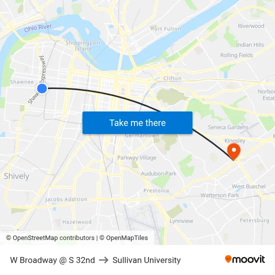 W Broadway @ S 32nd to Sullivan University map