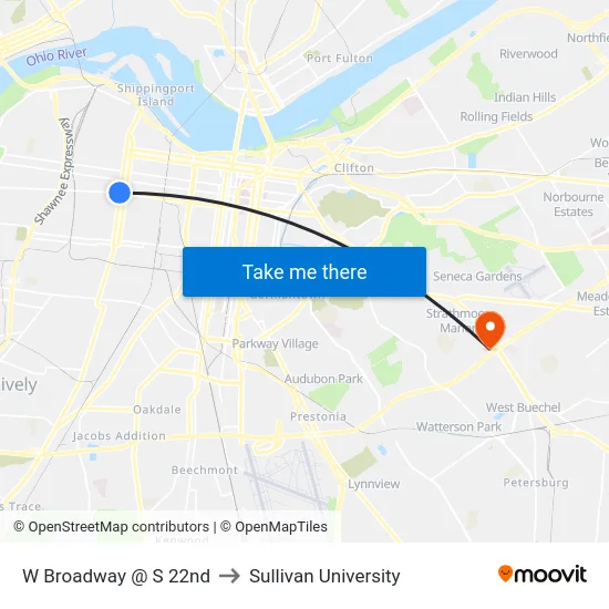 W Broadway @ S 22nd to Sullivan University map