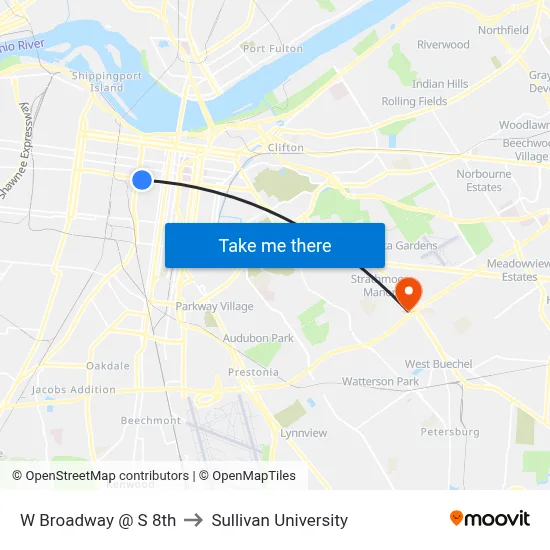 W Broadway @ S 8th to Sullivan University map