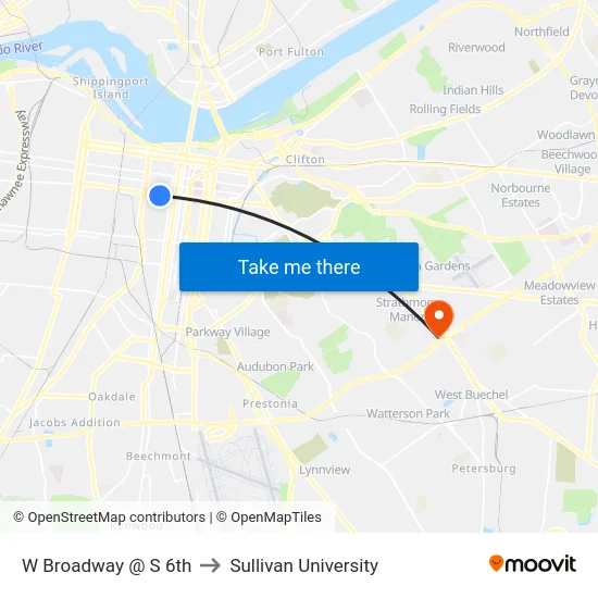 W Broadway @ S 6th to Sullivan University map
