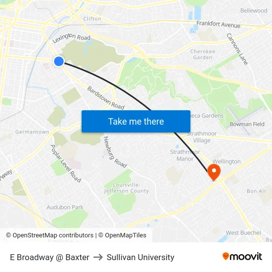 E Broadway @ Baxter to Sullivan University map