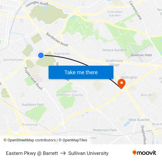 Eastern Pkwy @ Barrett to Sullivan University map