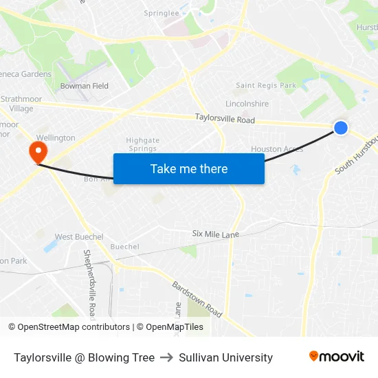 Taylorsville @ Blowing Tree to Sullivan University map