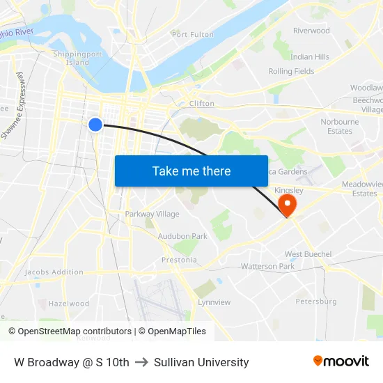 W Broadway @ S 10th to Sullivan University map