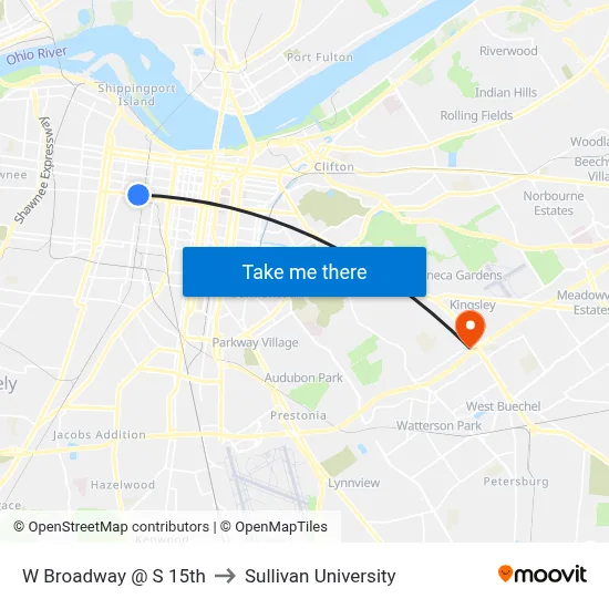 W Broadway @ S 15th to Sullivan University map