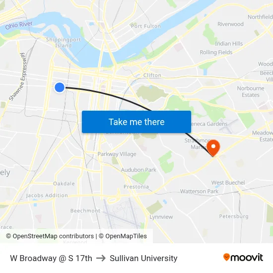 W Broadway @ S 17th to Sullivan University map