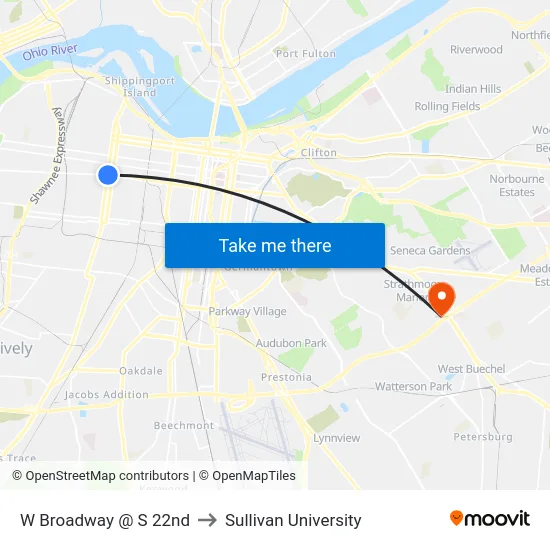 W Broadway @ S 22nd to Sullivan University map