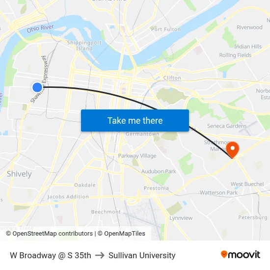 W Broadway @ S 35th to Sullivan University map