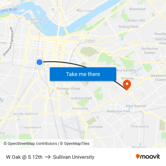 W Oak @ S 12th to Sullivan University map