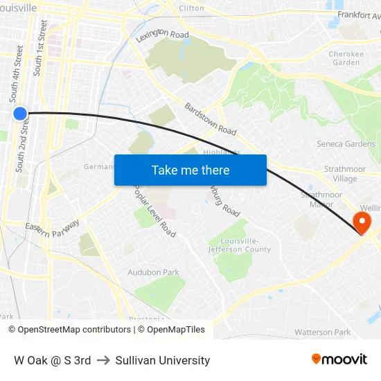 W Oak @ S 3rd to Sullivan University map