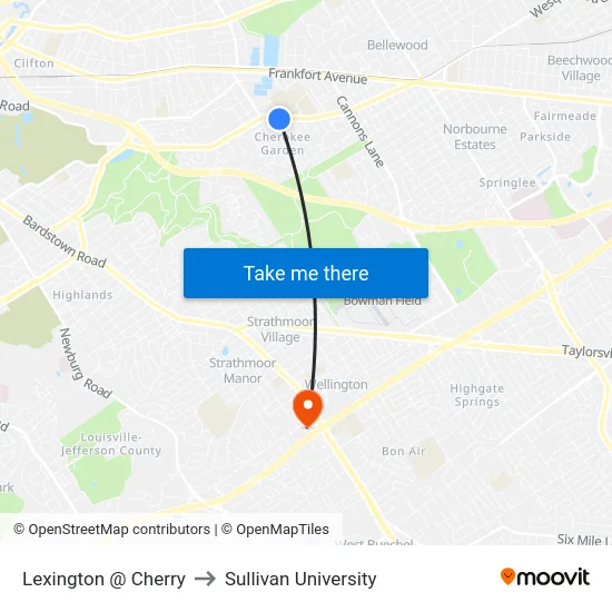 Lexington @ Cherry to Sullivan University map