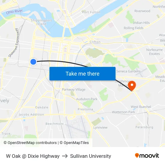 W Oak @  Dixie Highway to Sullivan University map