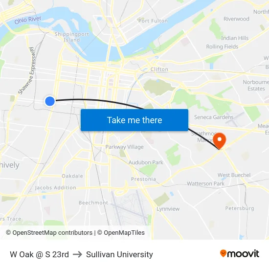 W Oak @ S 23rd to Sullivan University map
