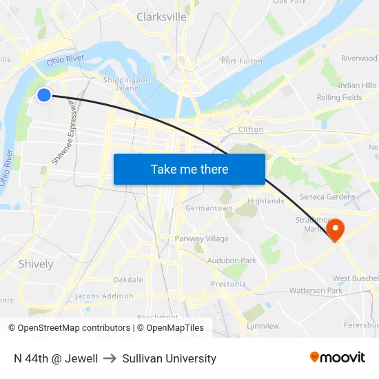 N 44th @ Jewell to Sullivan University map