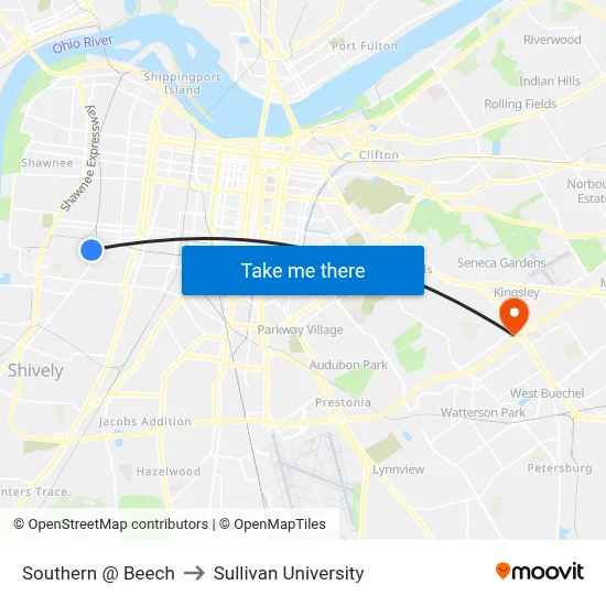 Southern @  Beech to Sullivan University map