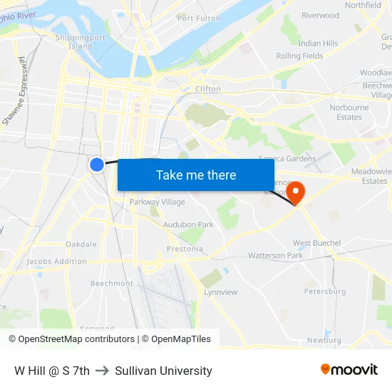 W Hill @ S 7th to Sullivan University map