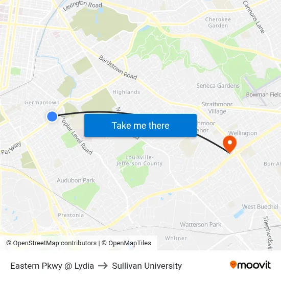 Eastern Pkwy @ Lydia to Sullivan University map