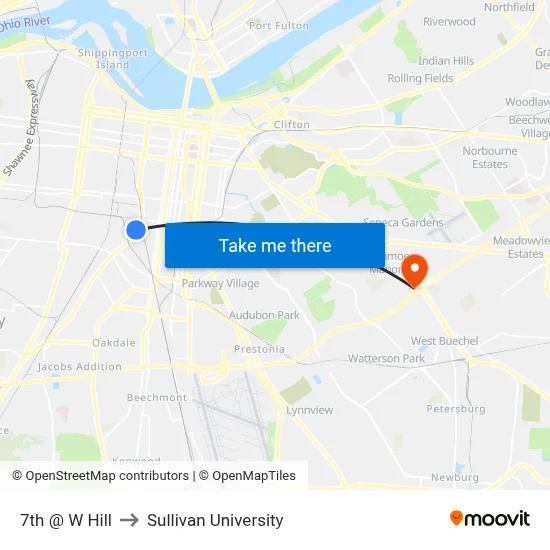 7th @ W Hill to Sullivan University map